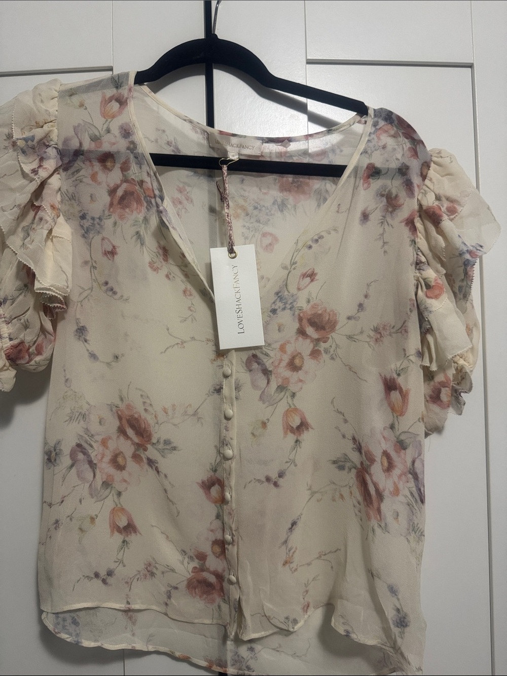 LoveShackFancy Cream Floral Ruffle Sleeve Button-Front Blouse